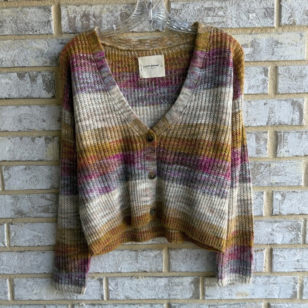 Lucky Brand Long Sleeve V-Neck Multicolor Button Front Cardigan Sweater Size XS.
